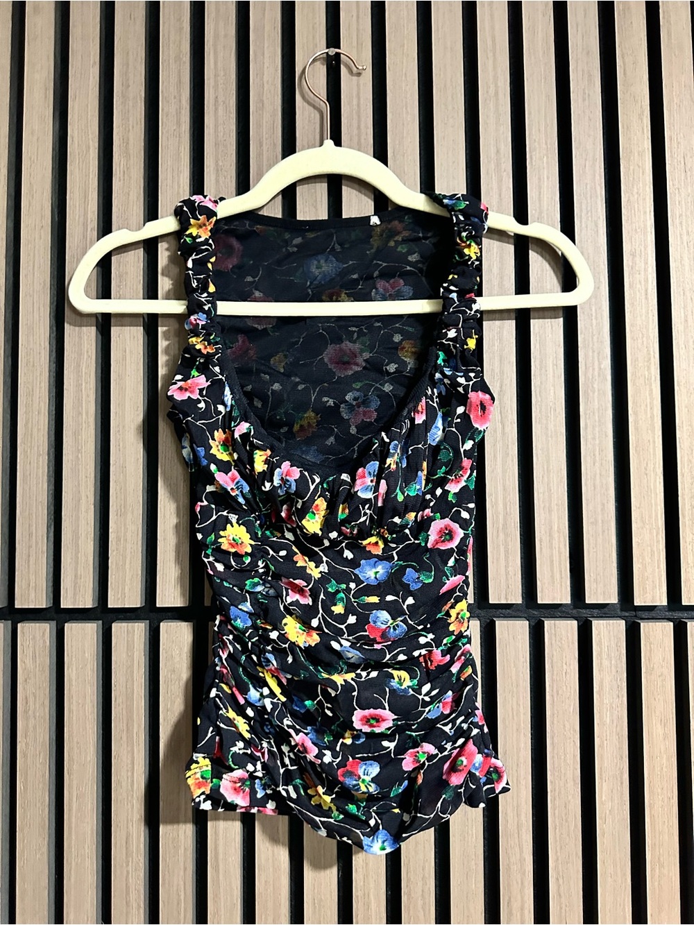 Vintage Y2K Women’s Black Floral Print Micro Mesh Ruched Front Size Small XS/S